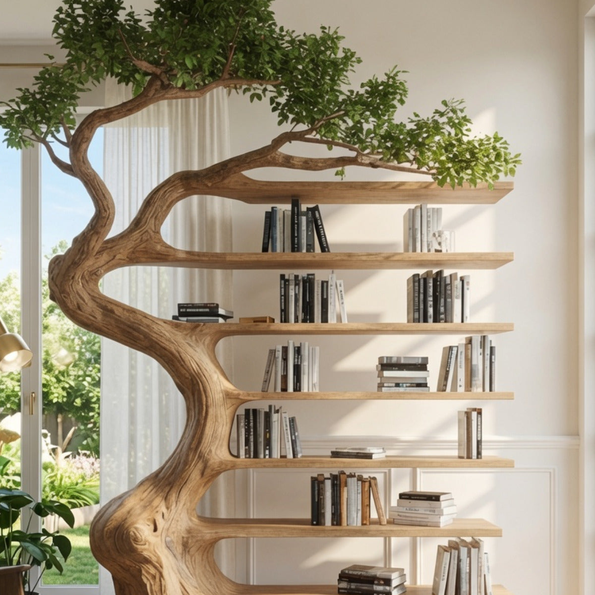 Artisan wooden bookshelf with sculptural branch design