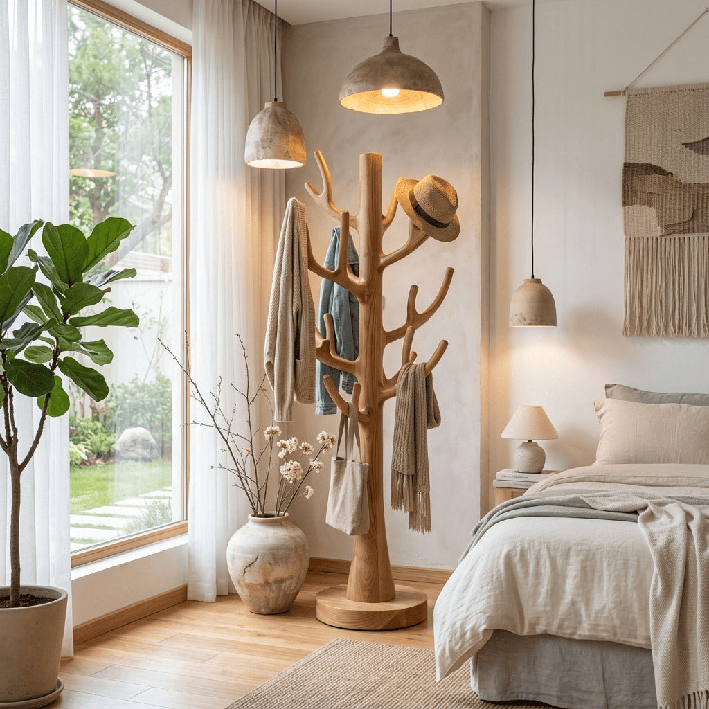 Modern handcrafted coat rack in a luxury bedroom
