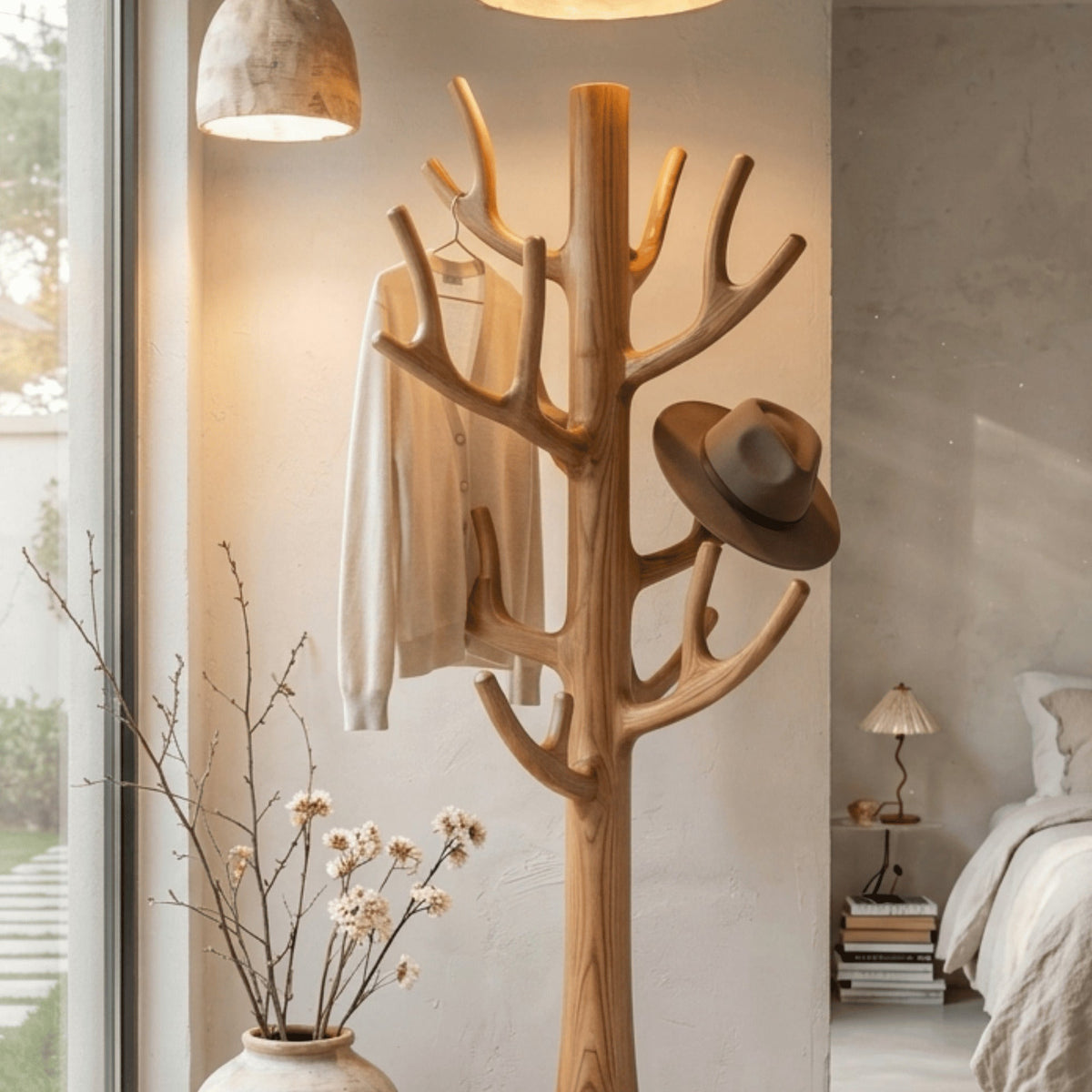 Solid wood coat rack featuring an artistic tree branch design