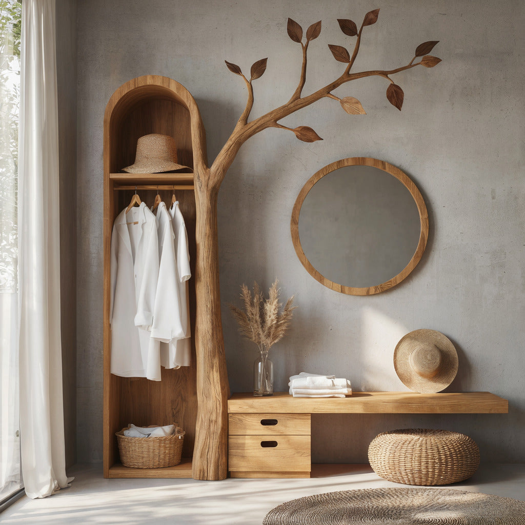 Sculptural tree branch coat rack and bench in solid wood