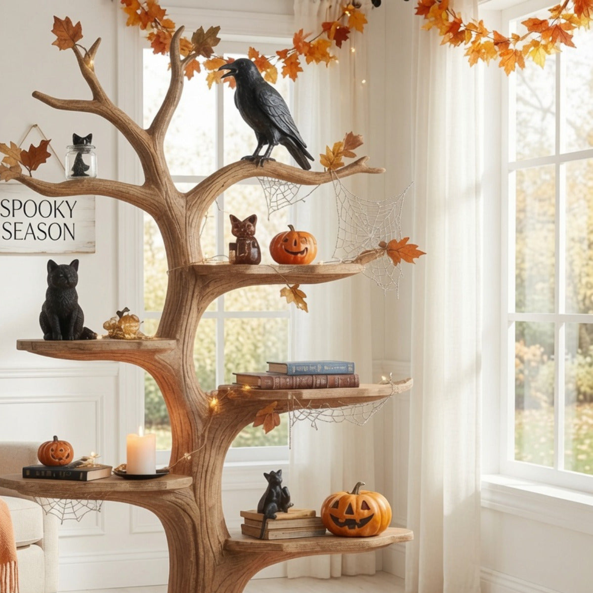 Artisan sculptural wooden display shelf with tree branch design
