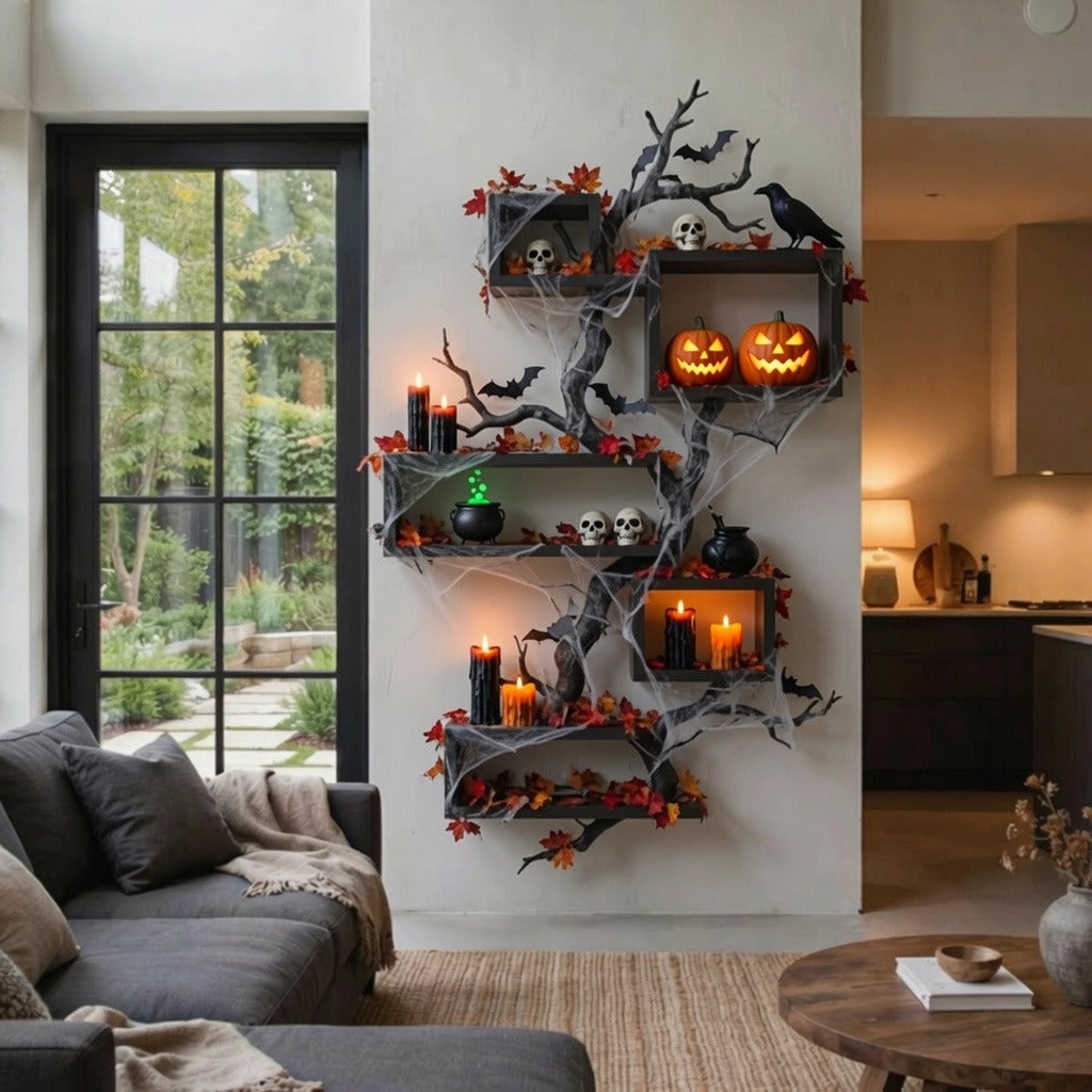 Modern sculptural tree shelf adding natural elegance to a contemporary living room