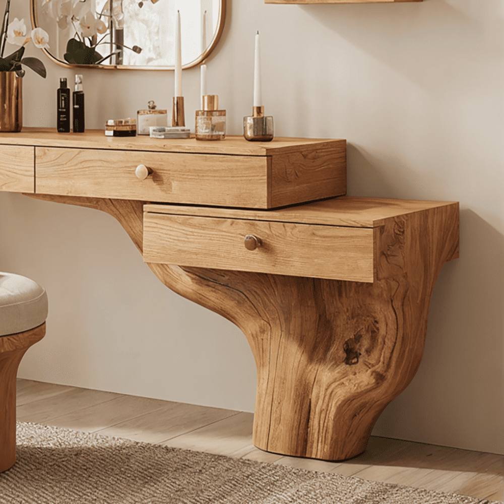 Artistic wooden makeup vanity crafted from solid wood