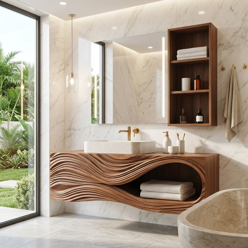 Modern hardwood bathroom vanity enhancing a luxury bathroom
