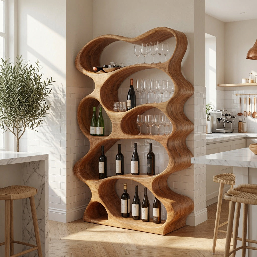 Natural hardwood live edge wine shelf enhancing a contemporary dining room