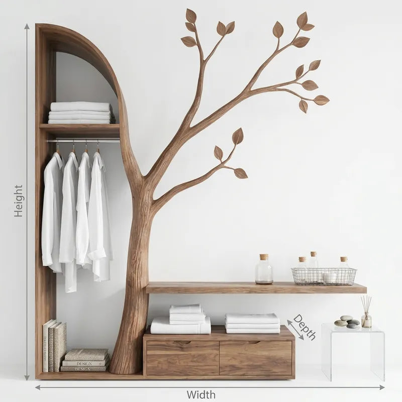 Sculptural Hand-Carved Tree Solid Wood Open Wardrobe Closet System & Branch Wall Storage Bench