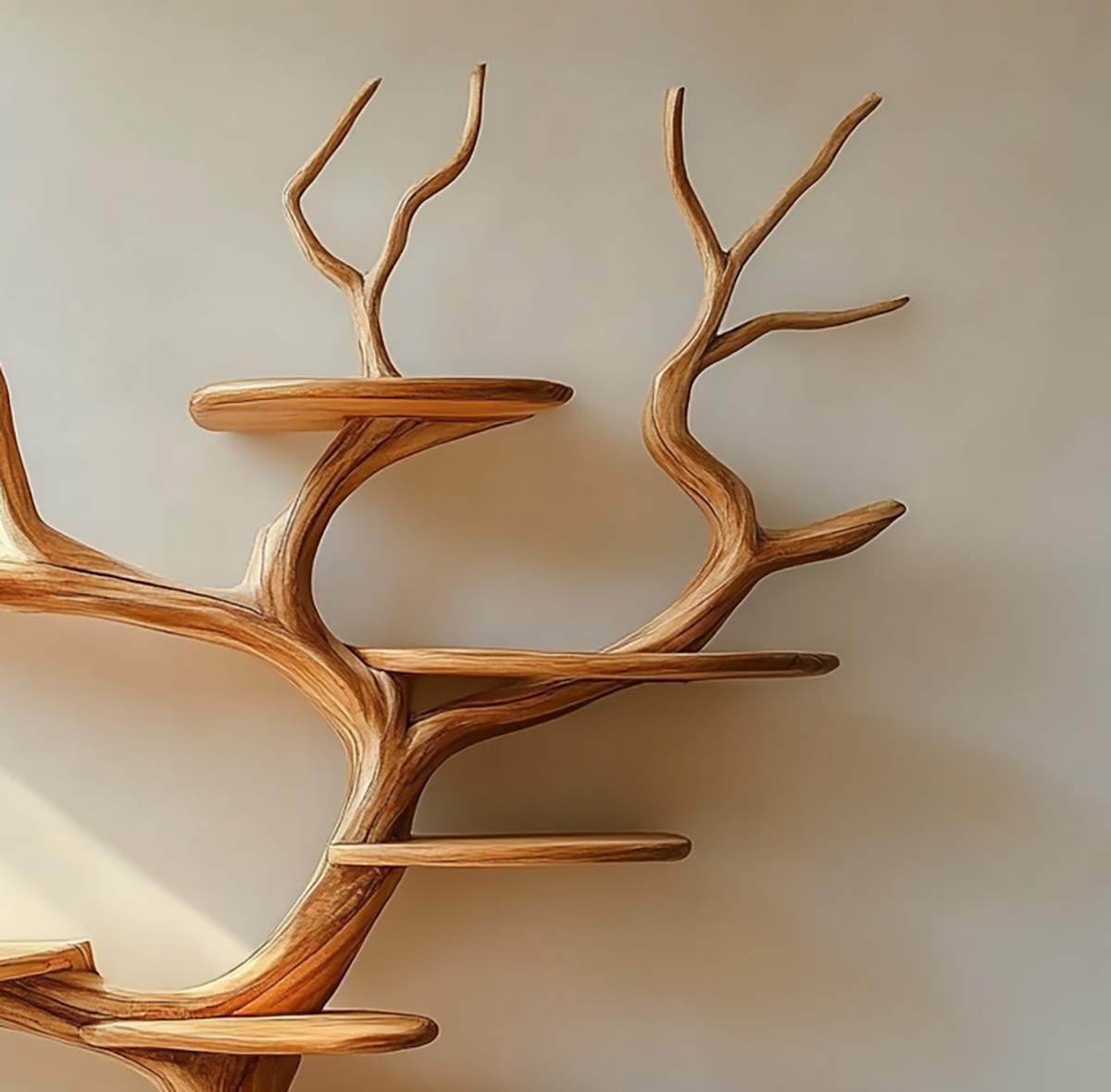 Wooden branch wall shelf for books and home decor display