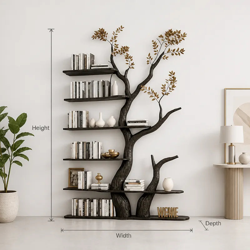 Sculptural Tree Branch Live Edge Solid Wood Wall Shelf – Dramatic Black Organic Bookshelf