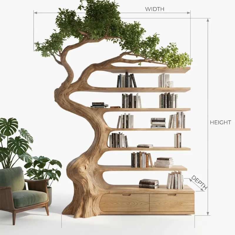 Sculptural Tree Branch Solid Wood Bookshelf with Integrated Drawers