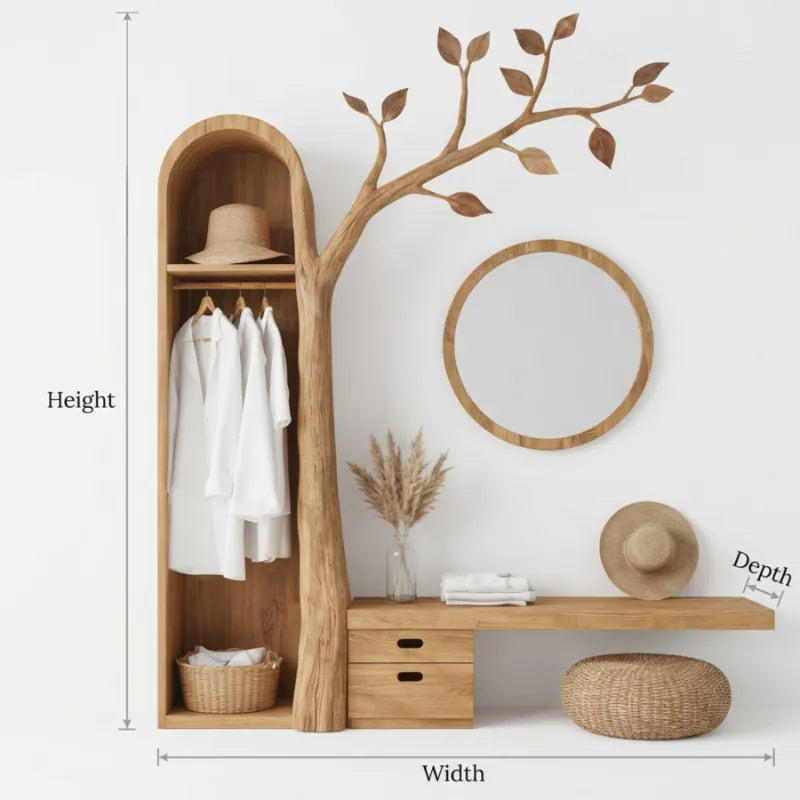Sculptural Tree Branch Solid Wood Entryway Coat Rack & Bench System