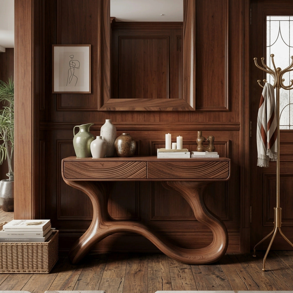Contemporary solid wood entryway table in a minimalist home