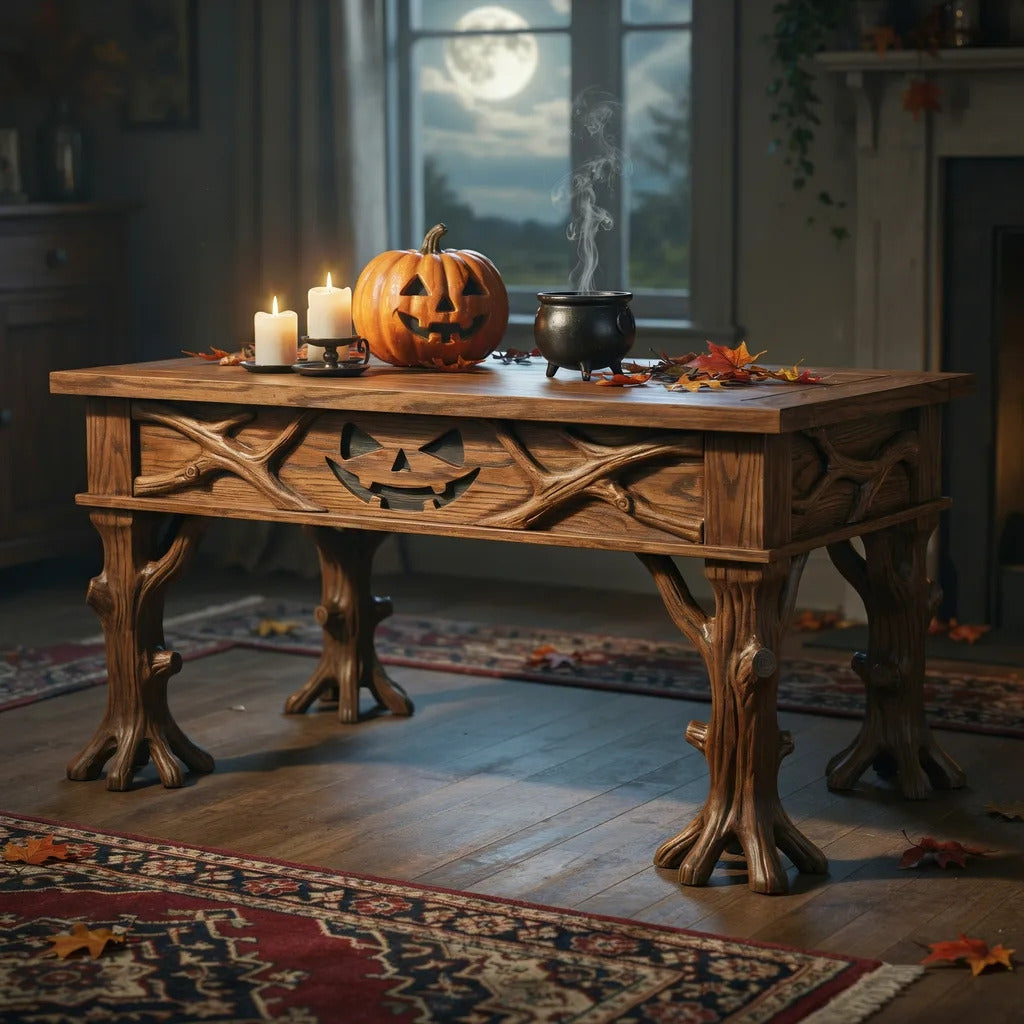 Spooky bat carved tree root coffee table in solid wood