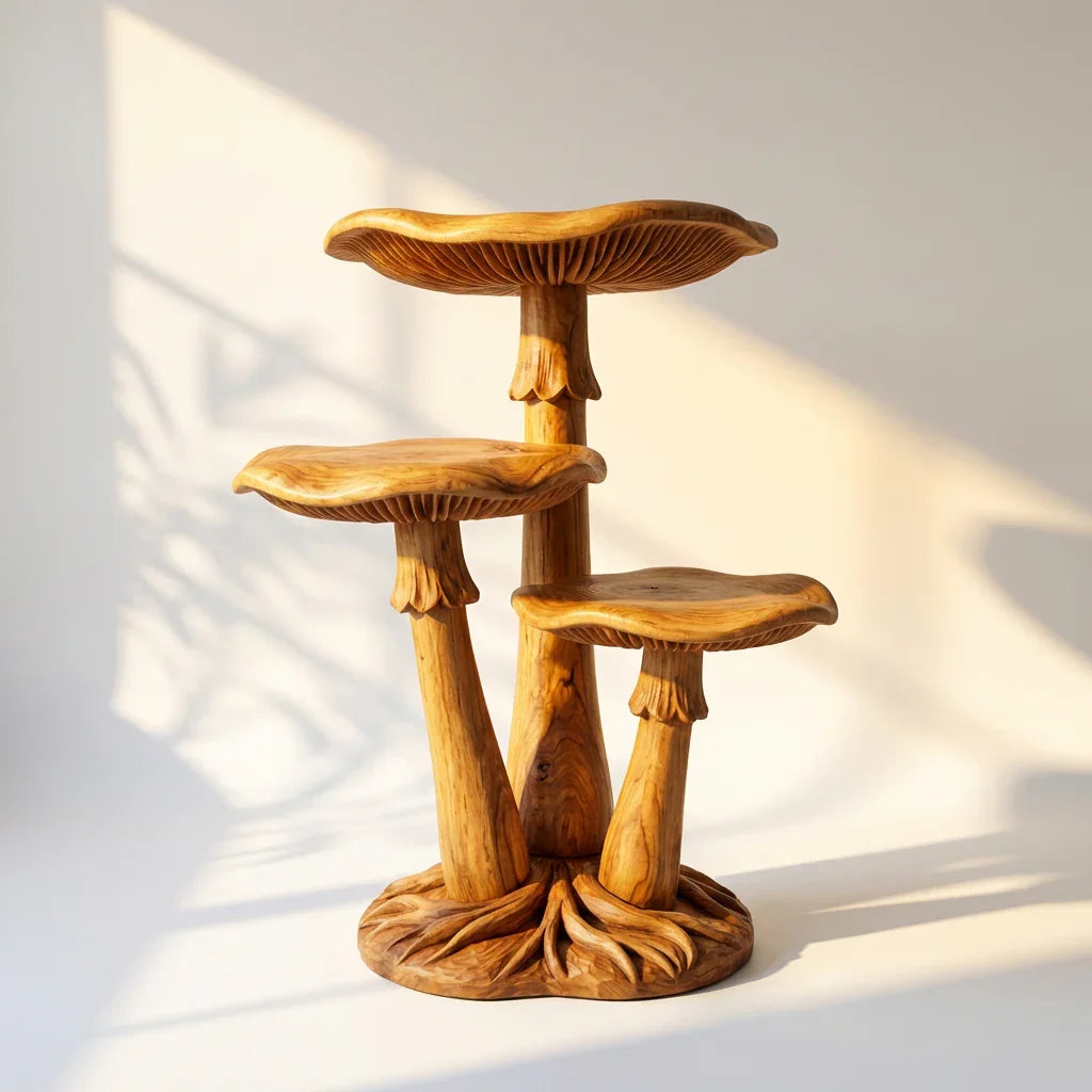 Triple Mushroom Cluster Display Stand with 3 Staggered Cap Shelves, Gill Carving and Root Base, Handcrafted Solid Wood Freestanding Shelf for Living Room, Bedroom, Entryway - Ashdeco 2026