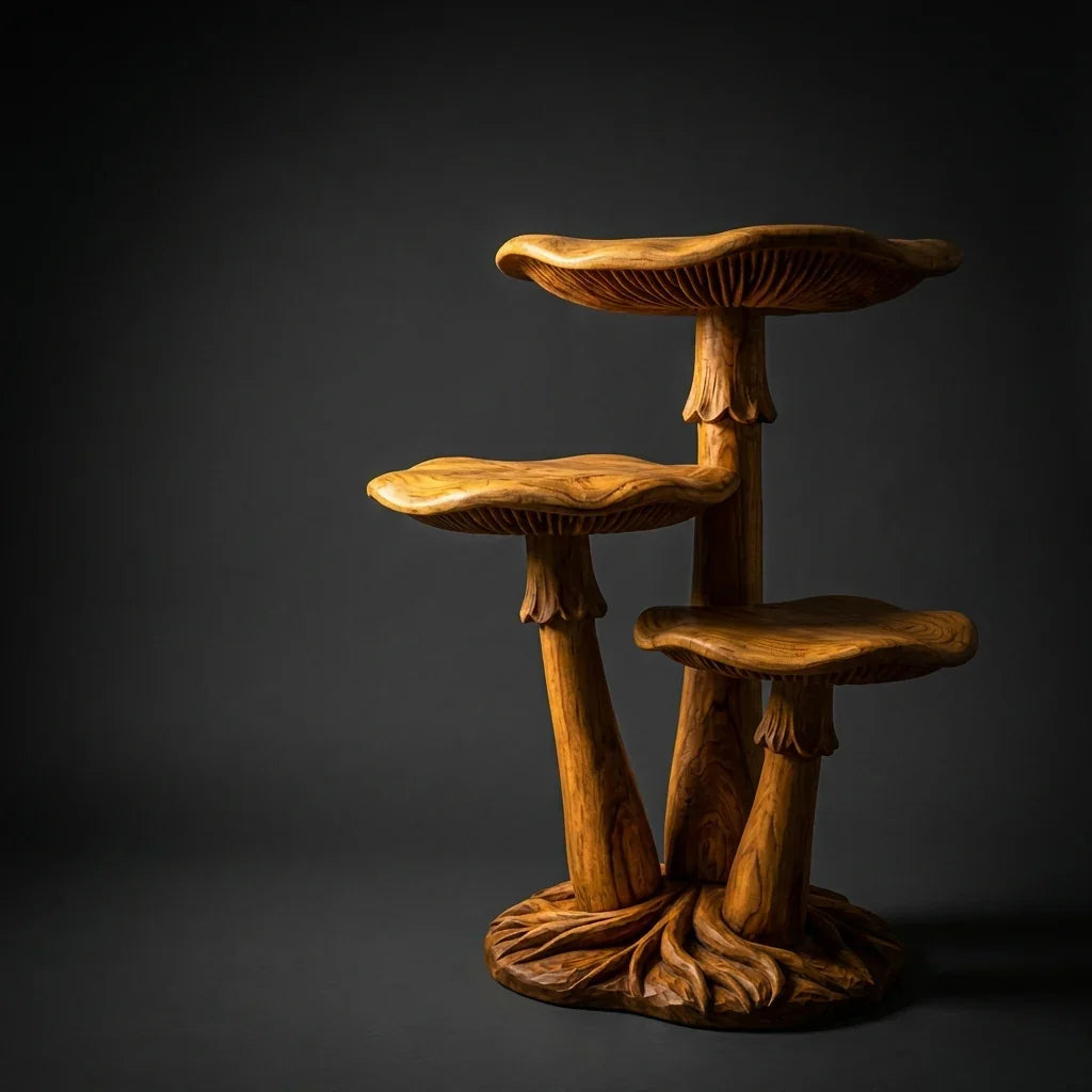Triple Mushroom Cluster Display Stand with 3 Staggered Cap Shelves, Gill Carving and Root Base, Handcrafted Solid Wood Freestanding Shelf for Living Room, Bedroom, Entryway - Ashdeco 2026
