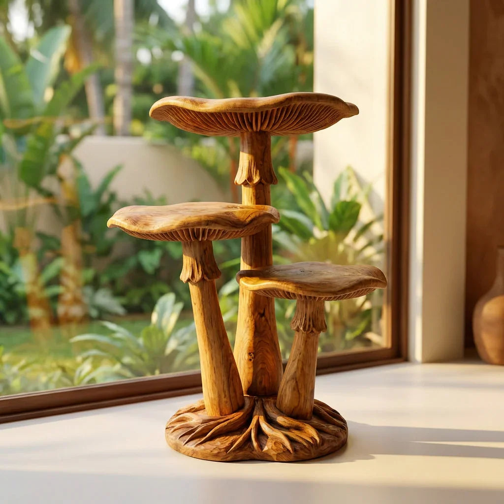 Triple Mushroom Cluster Display Stand with 3 Staggered Cap Shelves, Gill Carving and Root Base, Handcrafted Solid Wood Freestanding Shelf for Living Room, Bedroom, Entryway - Ashdeco 2026