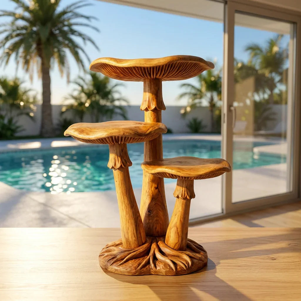 Triple Mushroom Cluster Display Stand with 3 Staggered Cap Shelves, Gill Carving and Root Base, Handcrafted Solid Wood Freestanding Shelf for Living Room, Bedroom, Entryway - Ashdeco 2026