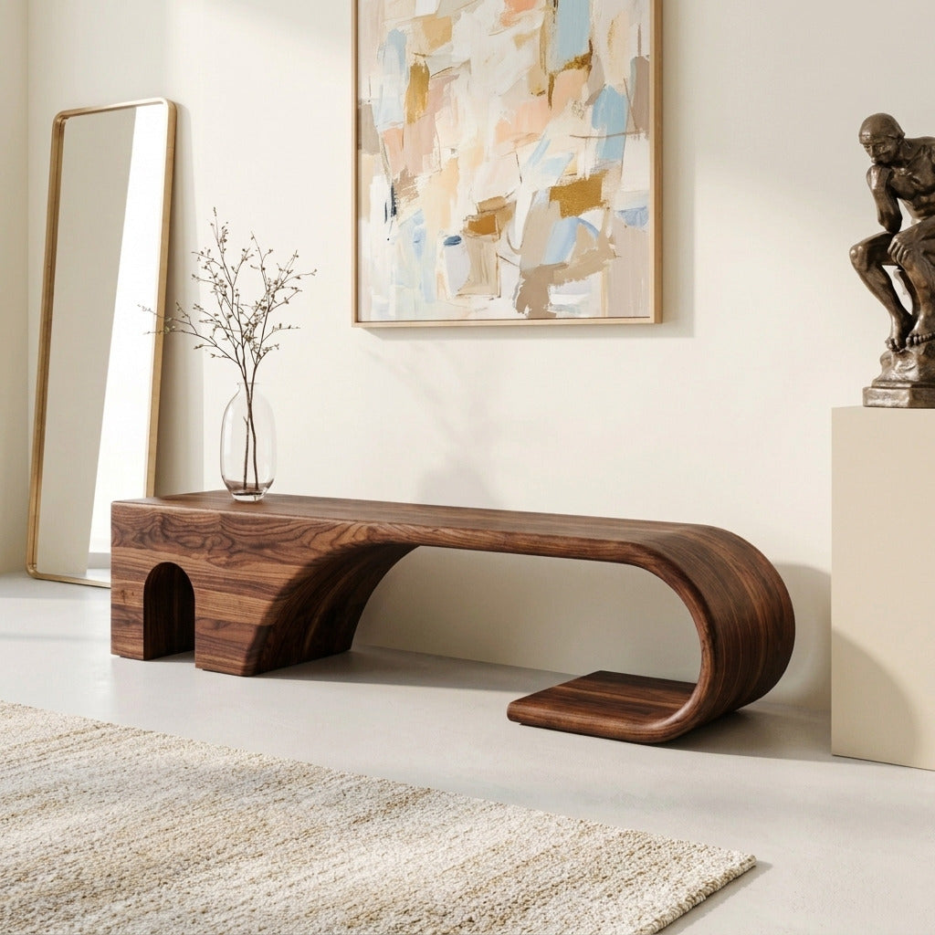 Modern solid wood bench creating a welcoming entryway