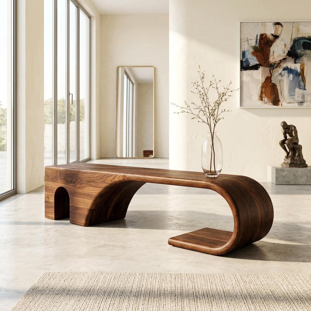 Organic solid wood entryway bench in a minimalist home