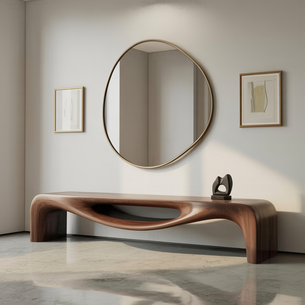 Organic solid wood entryway bench with sculptural curved design
