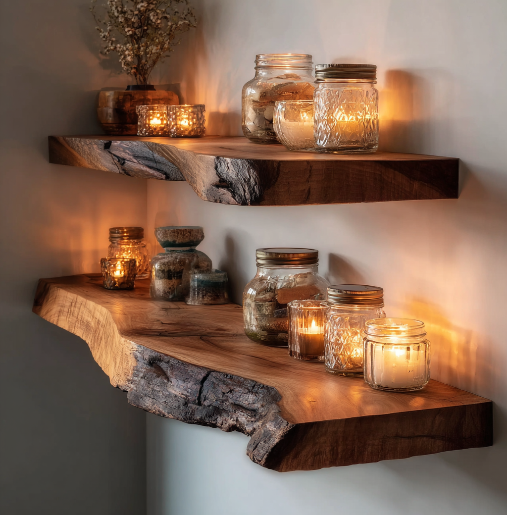 Floating Corner Wall Shelf – Live Edge Walnut Bookshelf for Décor & Housewarming Gift