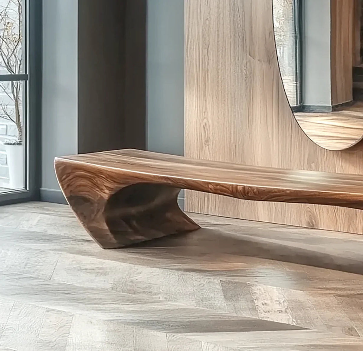 Artistic wooden bench with curved organic shape for hallway decor