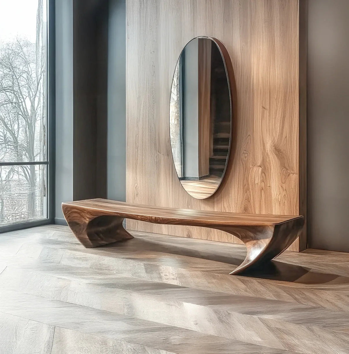 Organic design wooden bench for contemporary home interiors