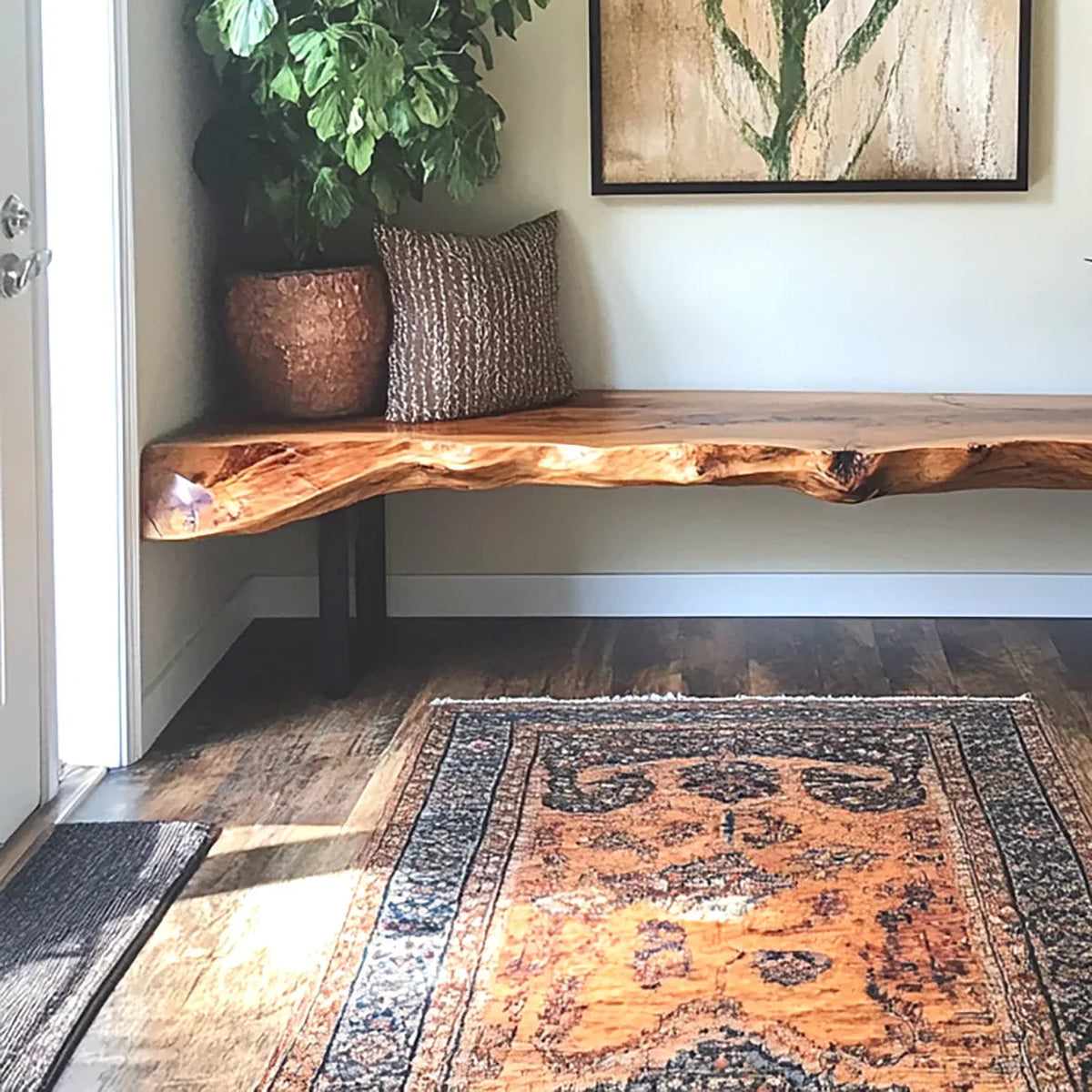Solid wood bench with natural live edge design