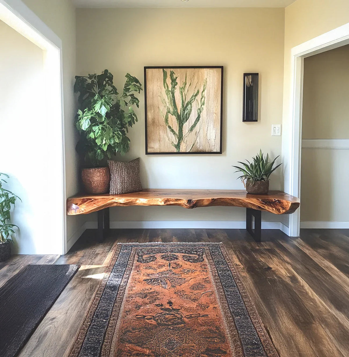 Live edge wood bench with rustic style seating