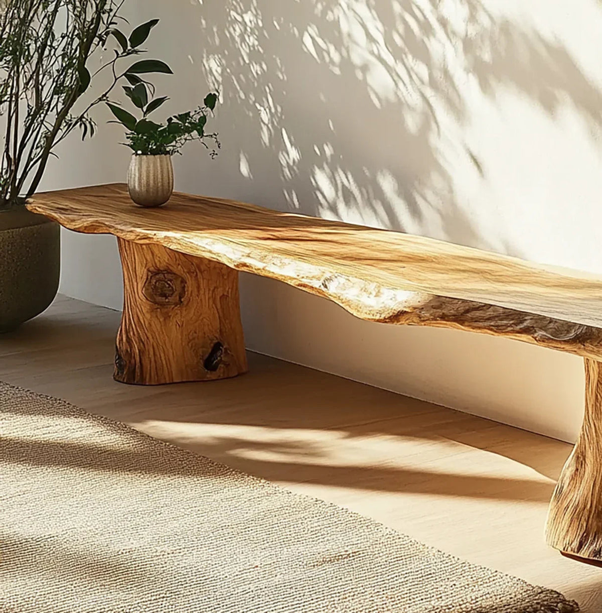 Solid wood bench with natural grain for home seating decor
