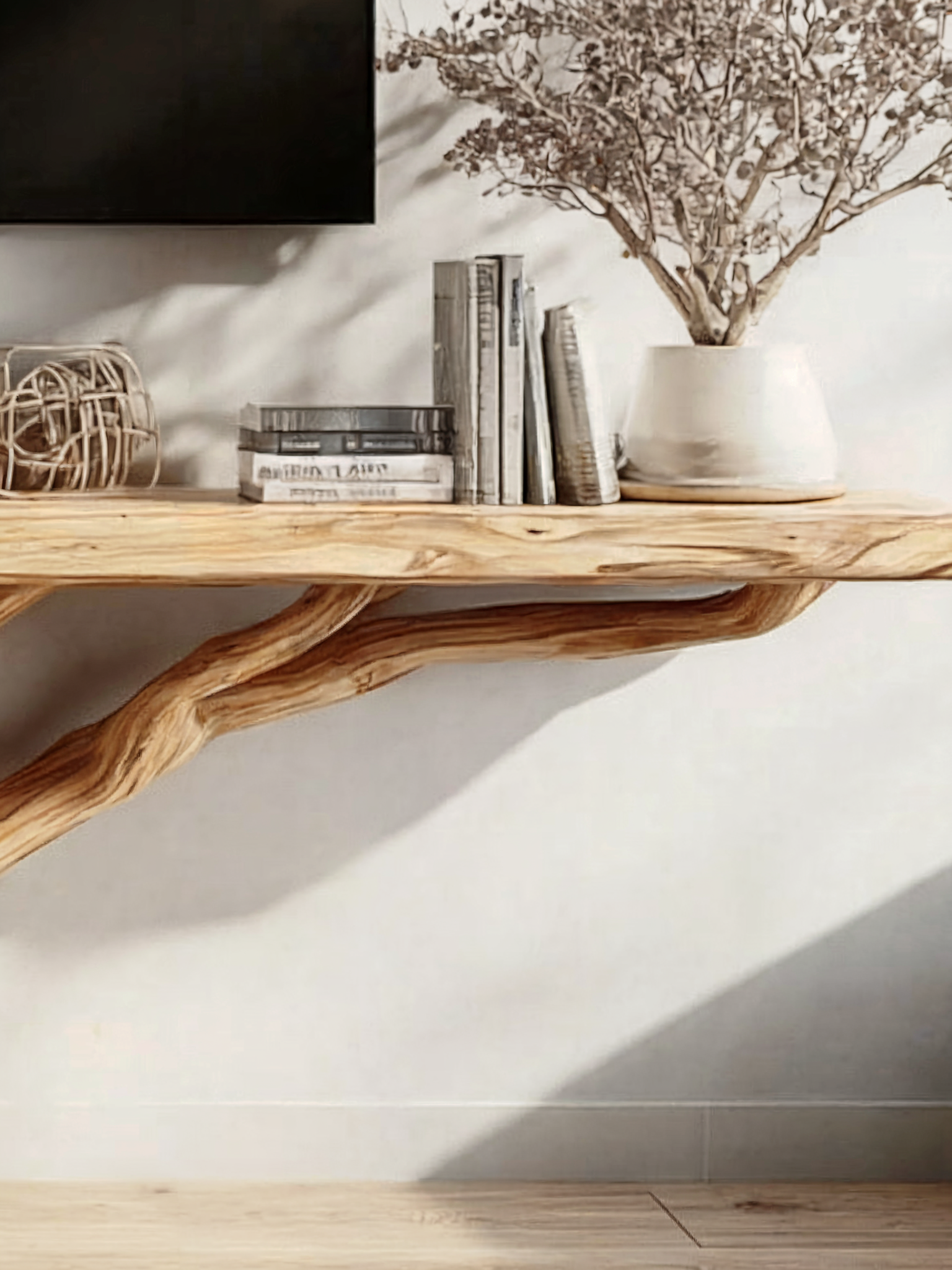 Custom Live Edge TV Stand – Solid Wood Tree Shelf Media Console, Rustic Handmade Cabinet Bookshelf