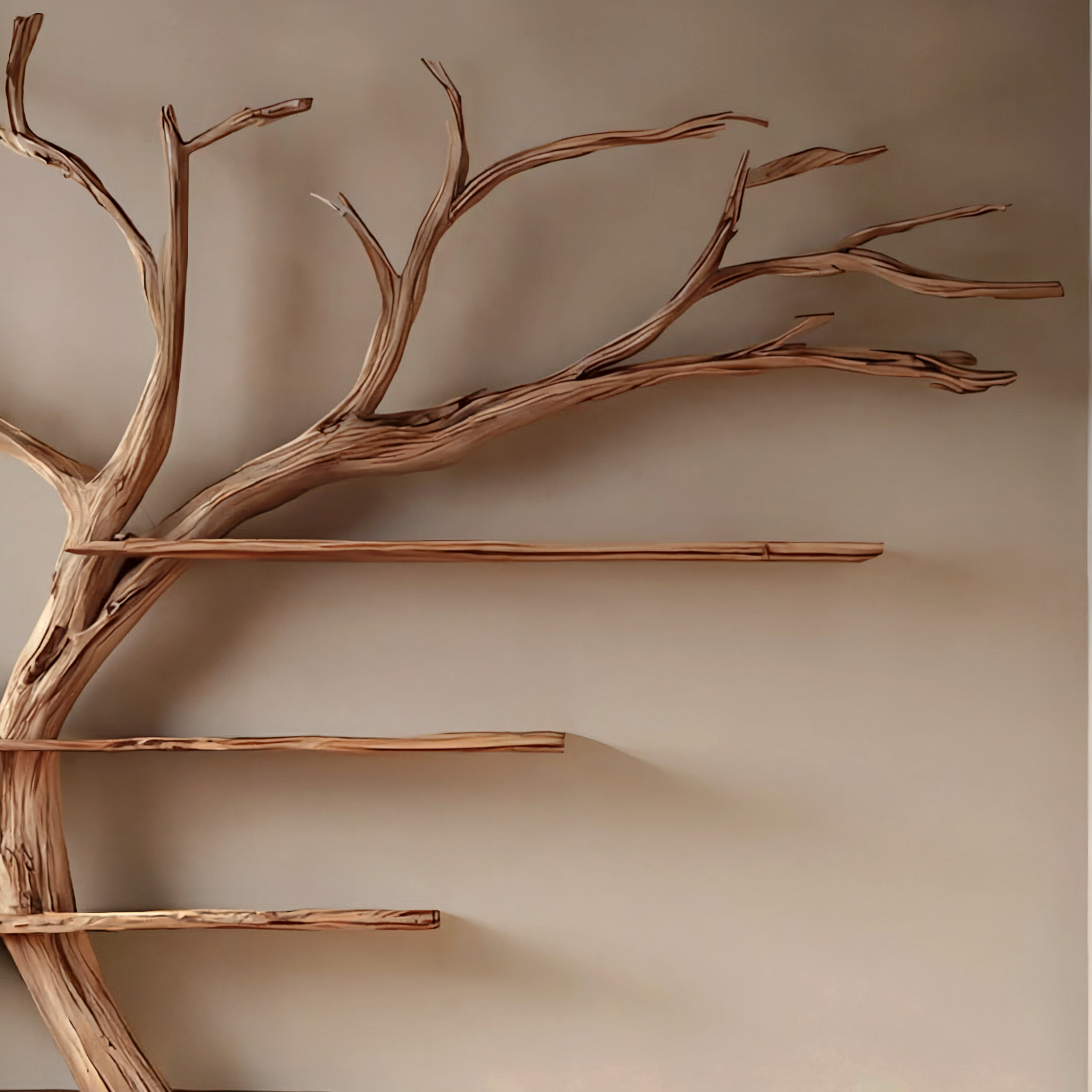 Solid Driftwood Wall Bookshelf – Rustic Tree Branch Floating Shelf Décor