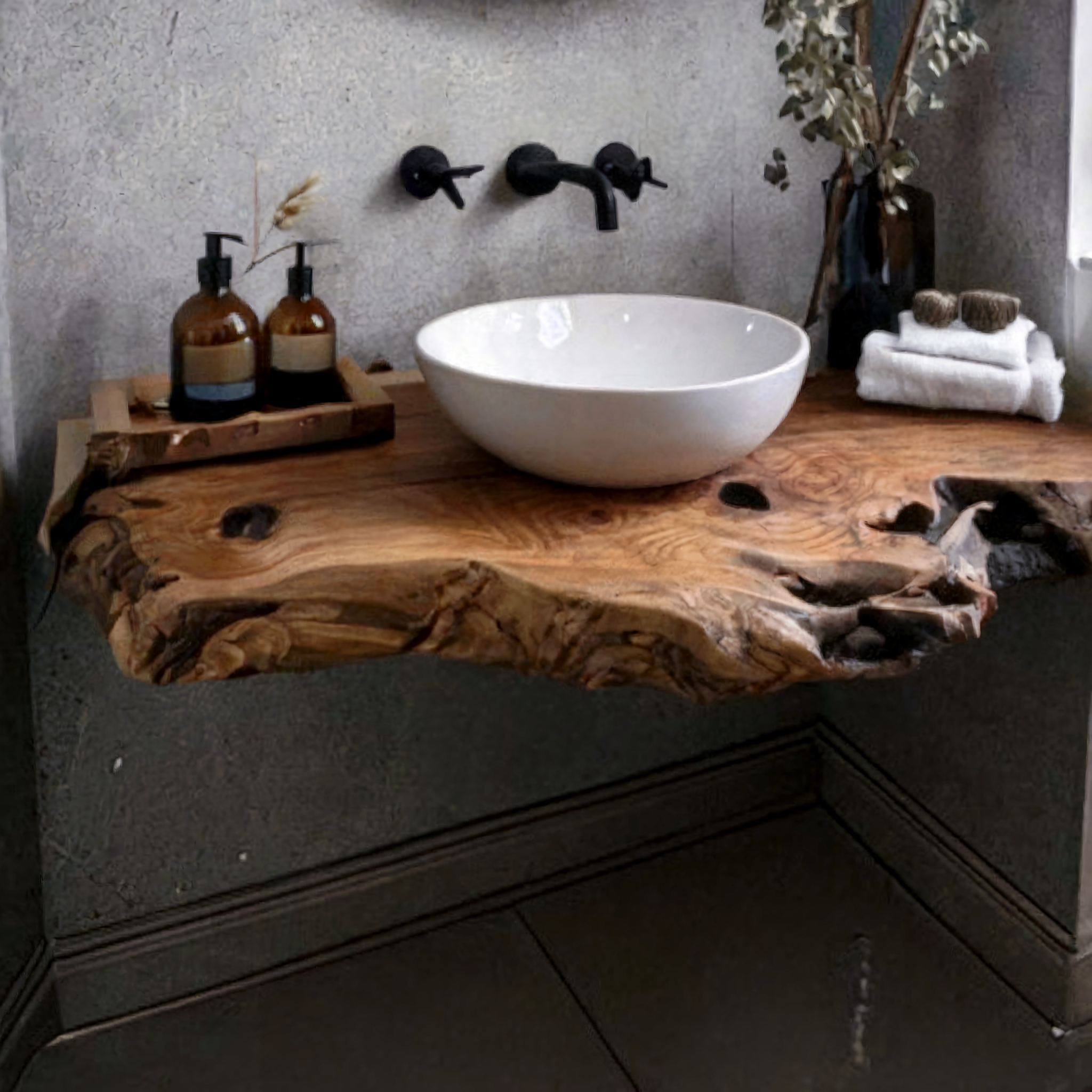 Handcrafted Rustic Floating Bathroom Vanity – Custom Live Edge Shelf, Solid Wood Bathroom Decor