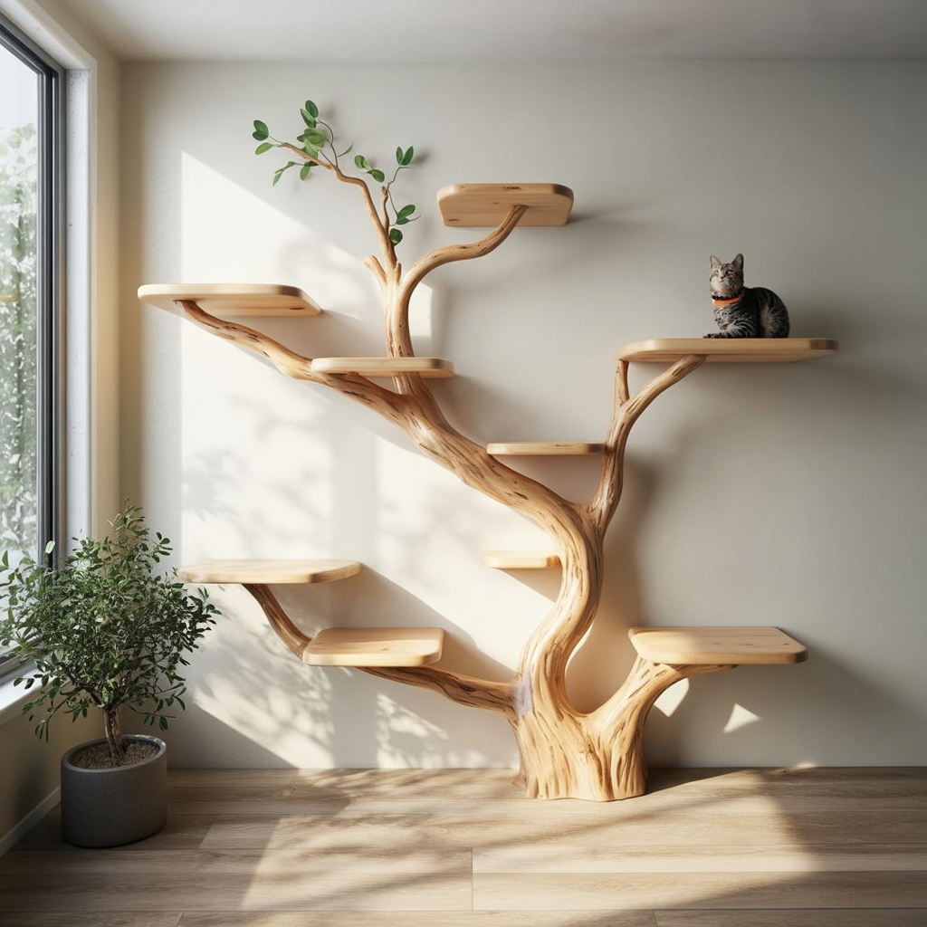 Rustic Solid Wood Cat Tree – Handmade Natural Cat Tower, Bed & Play Stand