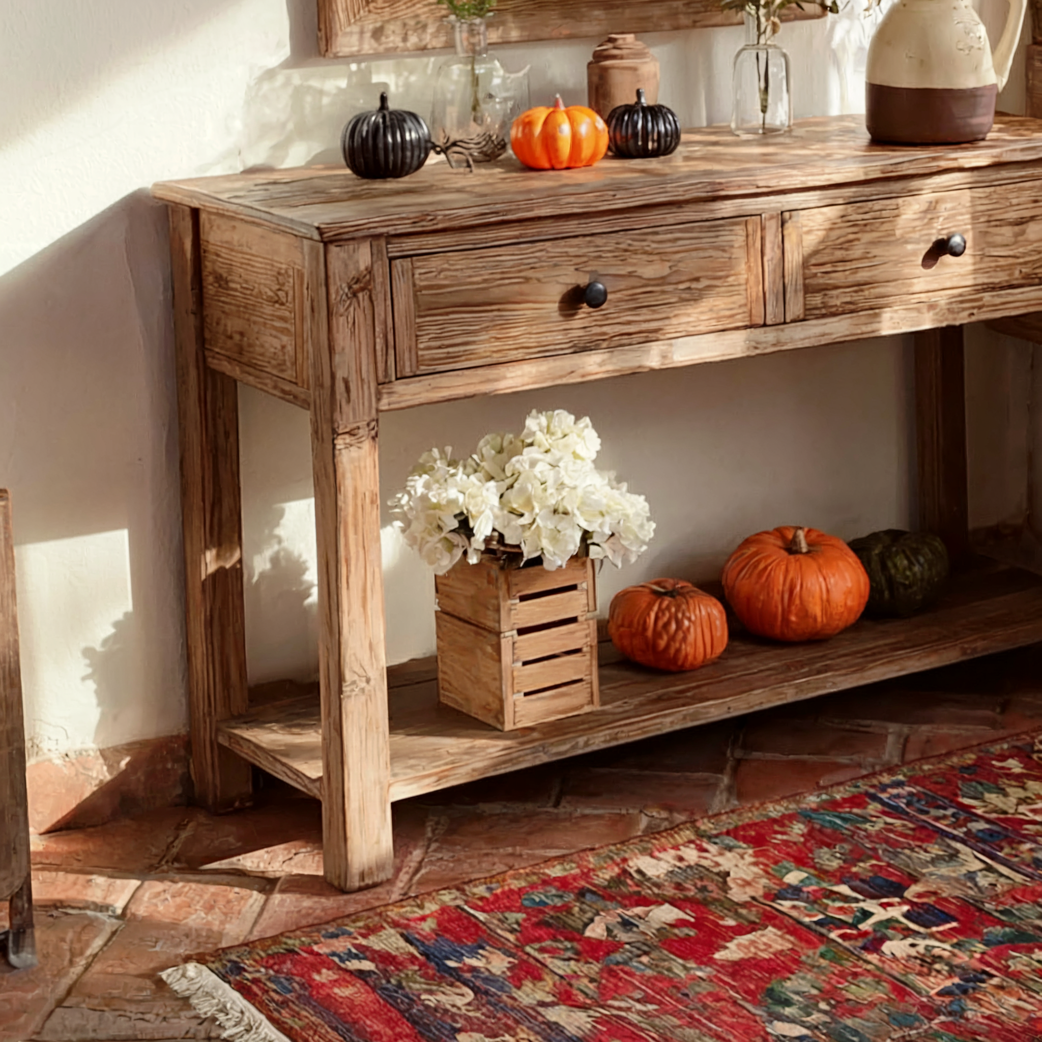 Rustic Wooden Console Table with Drawers and Lower Shelf – Farmhouse Entryway Table