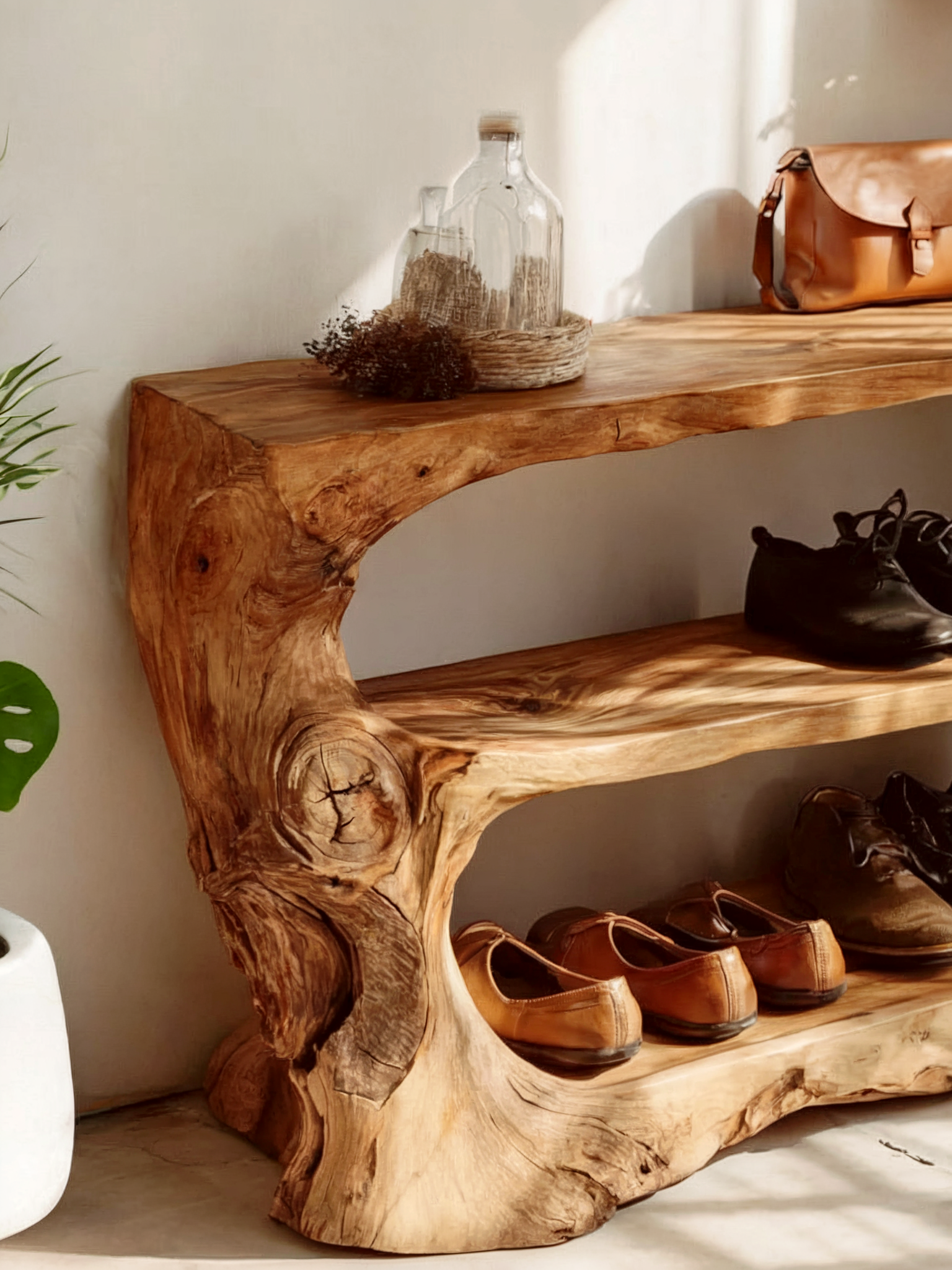 Mid Century Entryway Shoe Storage – Solid Wood Shoe Rack, Narrow Entryway Bench