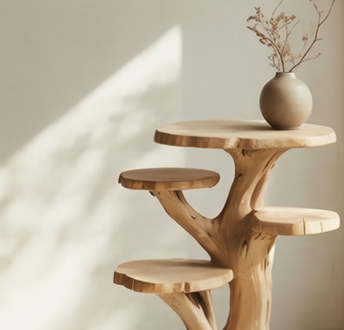 Tree-Trunk Wooden End Table – Multi-Tier Display Stand