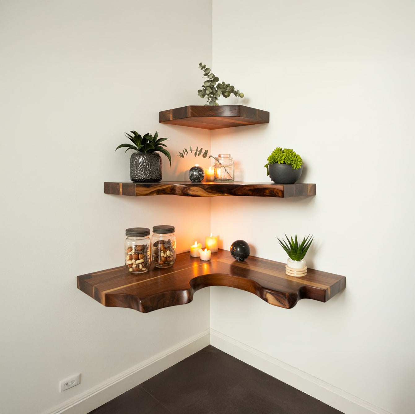 Handcrafted Walnut Corner Shelf – Natural Edge Wood Storage for Living Room