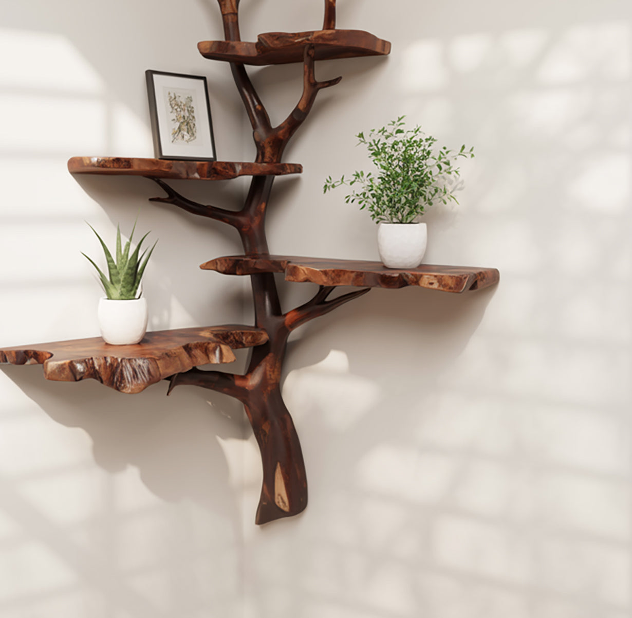 Corner Live Edge Shelf – Driftwood Tree Branch Floating Bookshelf