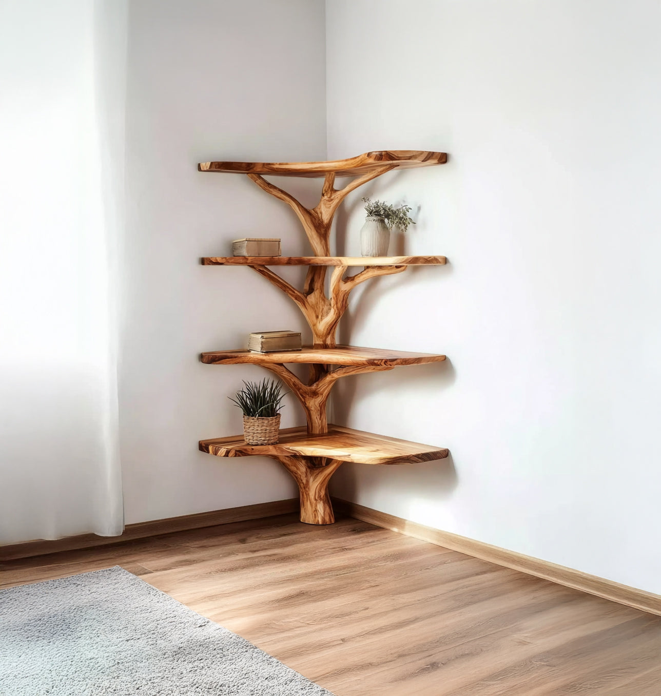 Rustic Tree-Inspired Corner Shelf – Handcrafted Branch Wood Furniture