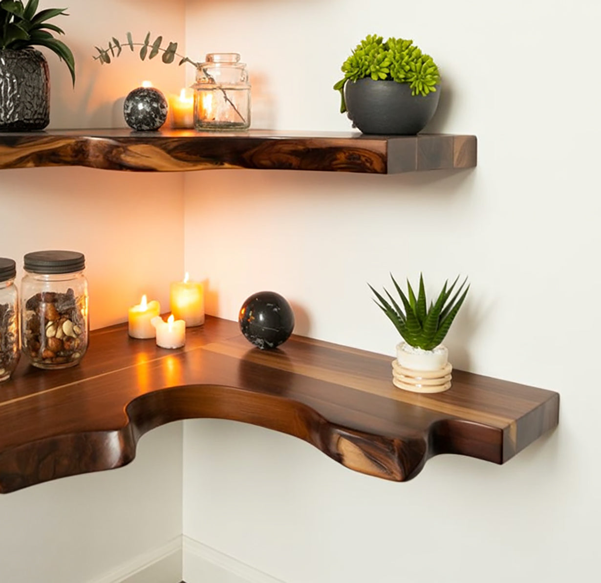 Handcrafted Walnut Corner Shelf – Natural Edge Wood Storage for Living Room