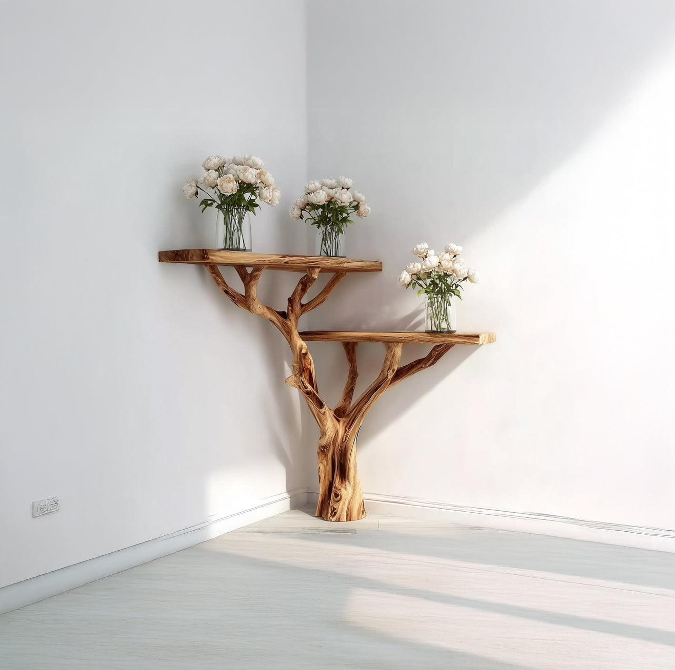 Corner Floating Console Table – Tree Branch Driftwood Entryway Stand