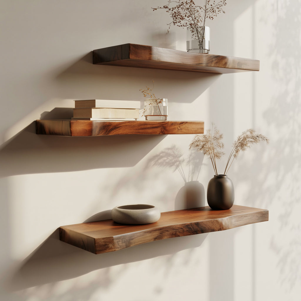 Solid Wood Live Edge Floating Shelf – Rustic Wall Decor for Living Room & Kitchen