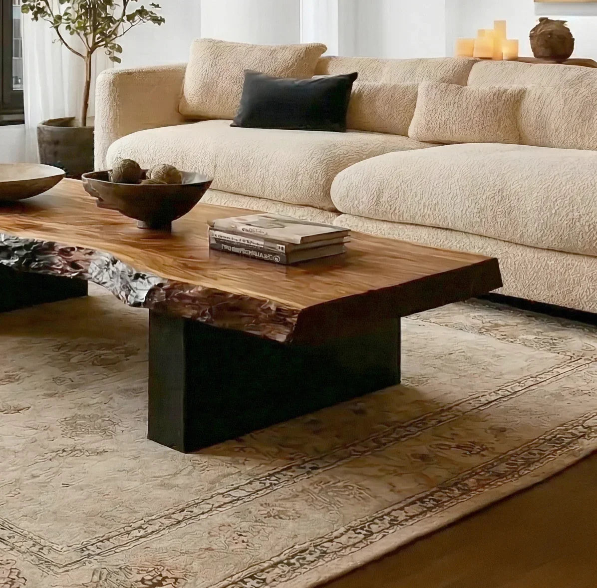 Rustic live edge coffee table for living room with natural wood grain