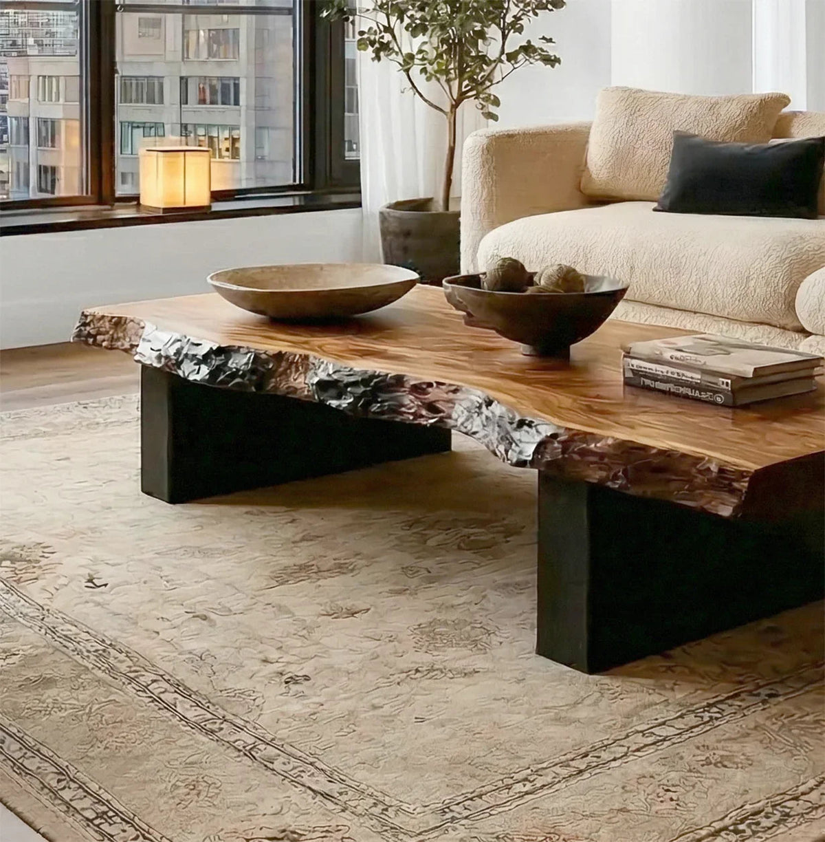 Handcrafted solid wood coffee table with sculptural tree root base