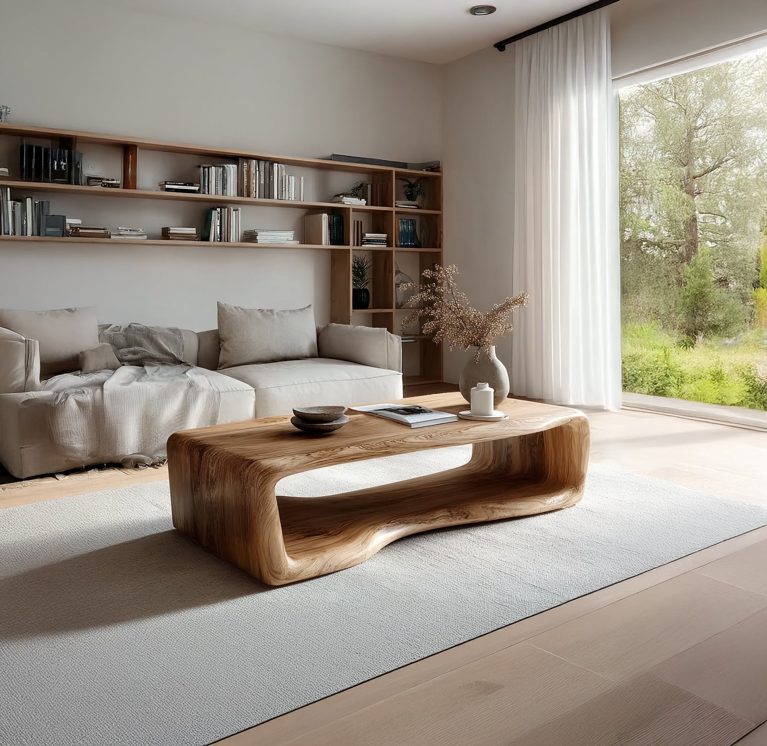 Rustic Wooden Coffee Table - Solid Rectangular Live Edge Wood Decor