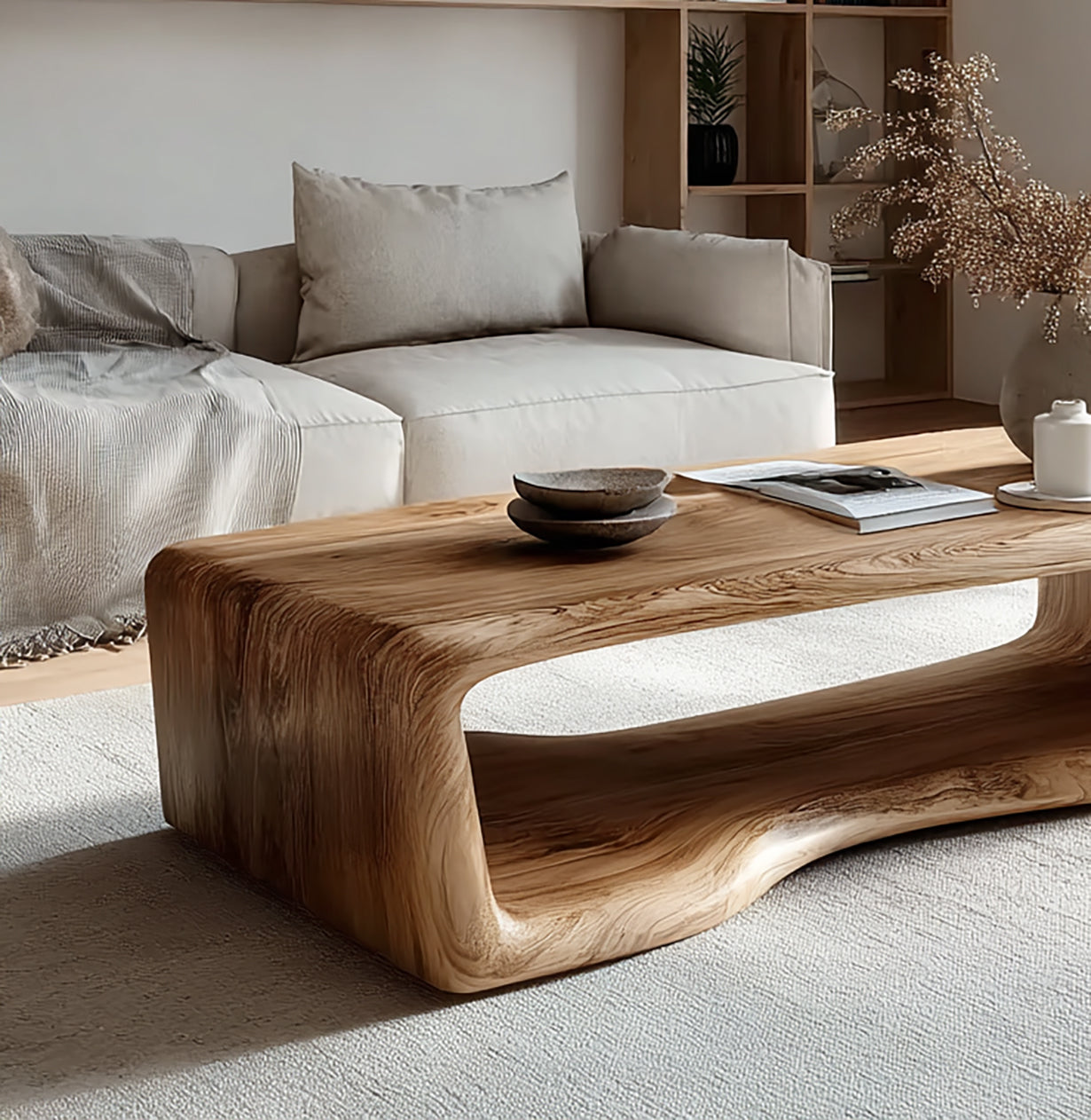 Rustic Wooden Coffee Table - Solid Rectangular Live Edge Wood Decor