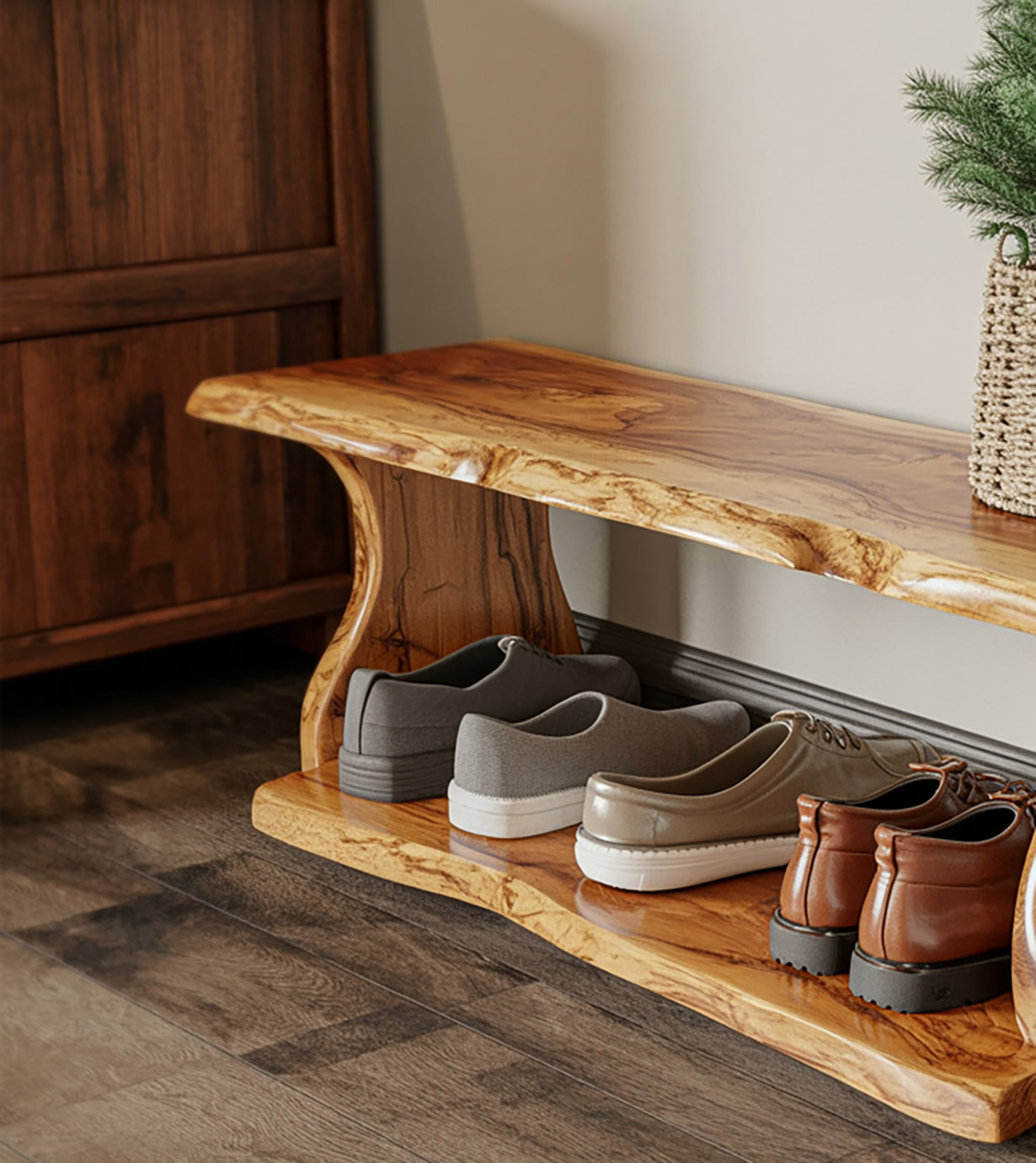 Rustic Wooden Shoe Bench – Handmade Solid Wood Entryway Organizer with Shelf