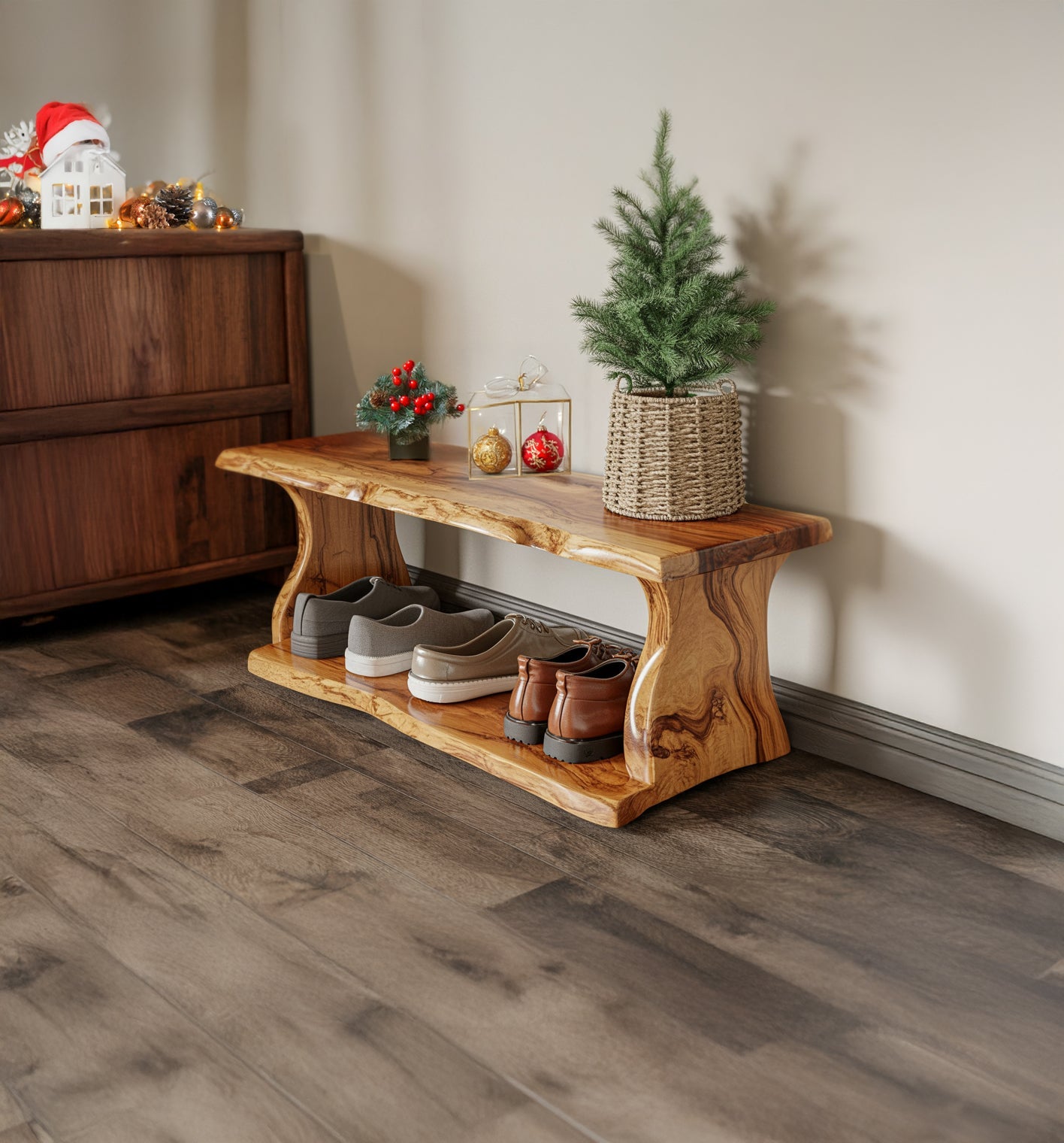 Rustic Wooden Shoe Bench – Handmade Solid Wood Entryway Organizer with Shelf