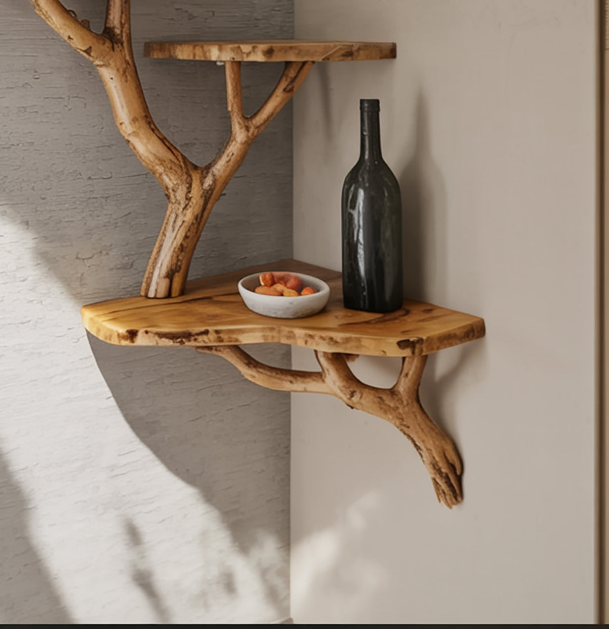 Handcrafted Driftwood Tree Branch Corner Bookshelf – Solid Wood Floating Shelf