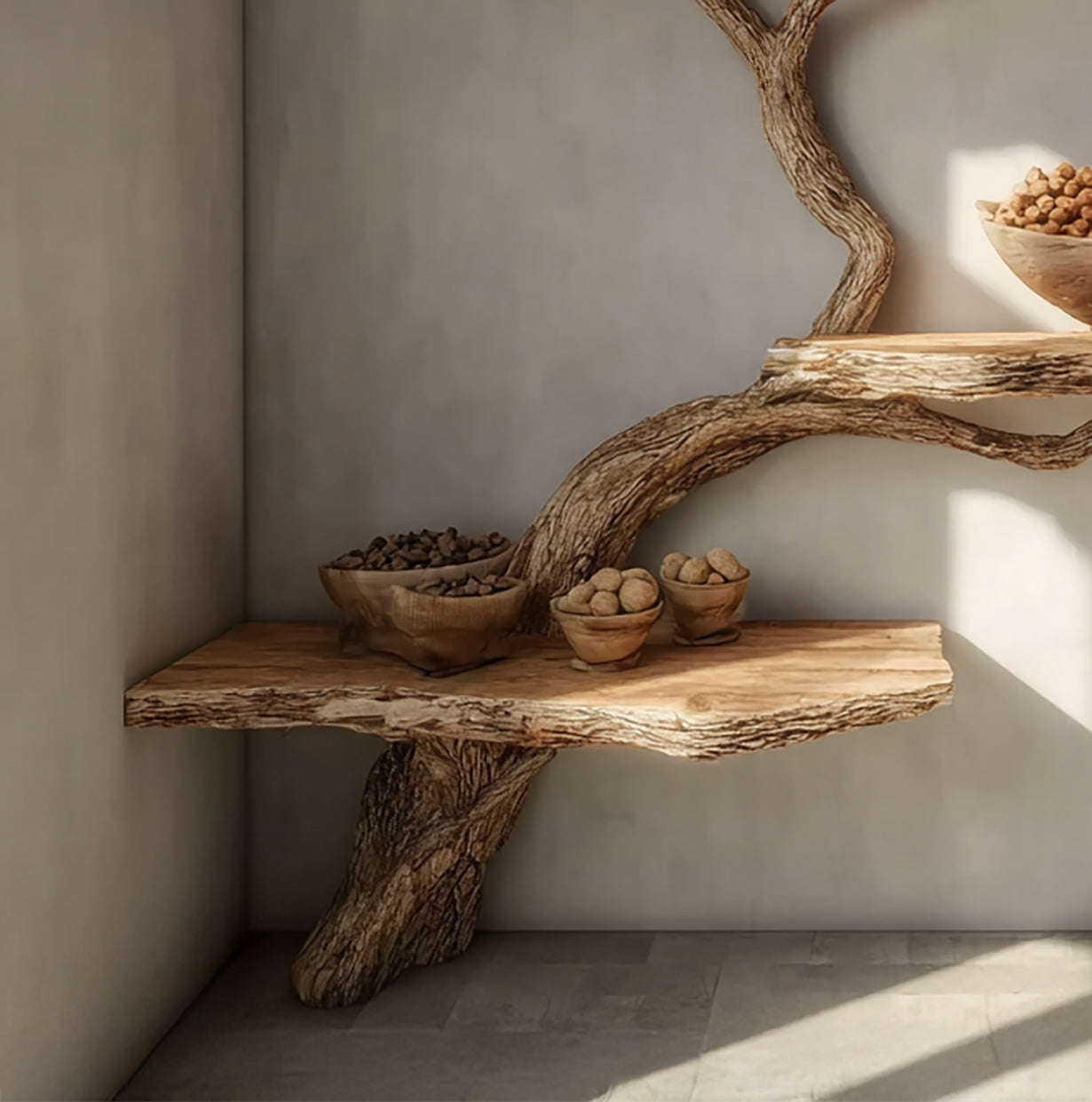 Rustic Driftwood Tree Branch Floating Shelf – Handcrafted Solid Wood Wall Shelf